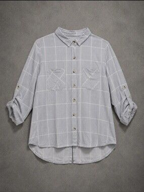 Sim & Sam Womens Large Windowpane Button Front Blouse Gray White Roll Tab Shirt